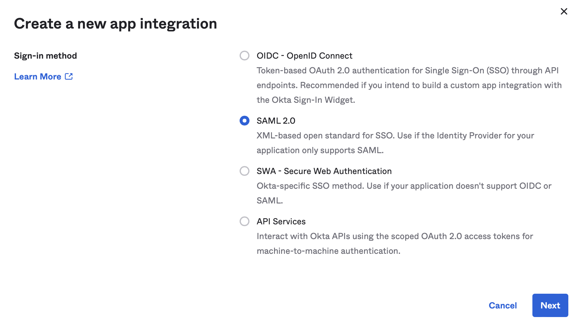 Create a new Okta app integration