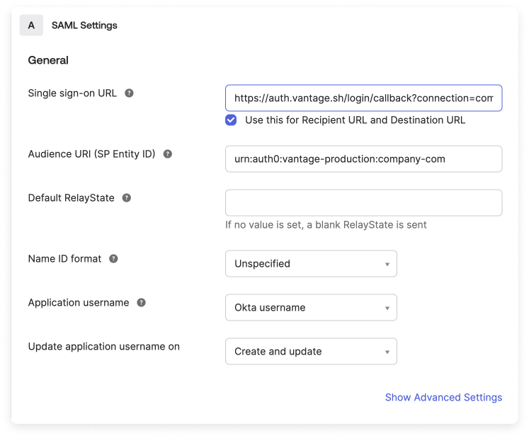 Okta SAML settings