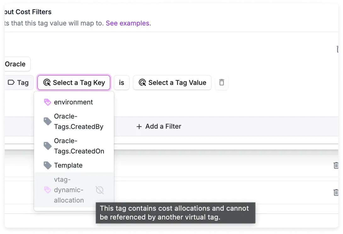 A message in a virtual tag filter indicating you cannot use allocated virtual tags for filter criteria in another tag